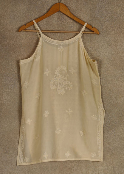 Firgun Beige Lucknowi Chikankari Viscose Georgette Spaghetti Top