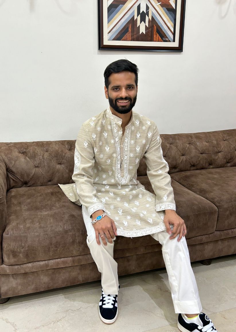 Firgun Hand Embroidered Cotton Lucknowi Chikankari Unstitched Men's Kurta Fabric