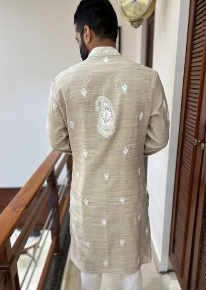 Firgun Hand Embroidered Cotton Lucknowi Chikankari Unstitched Men's Kurta Fabric