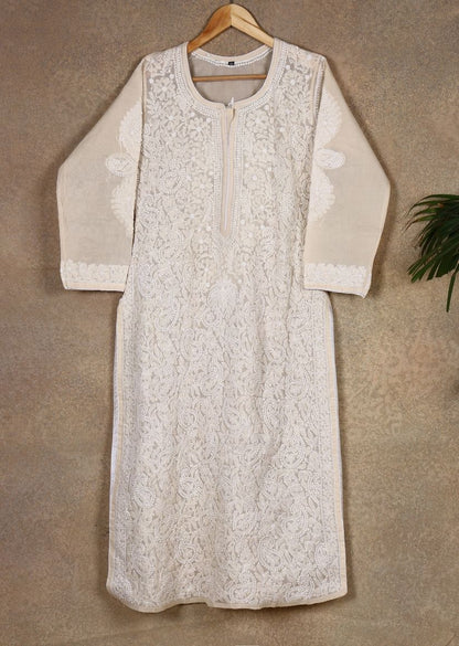Firgun Beige Lucknowi Chikankari Cotton Kurta with Front Jaal