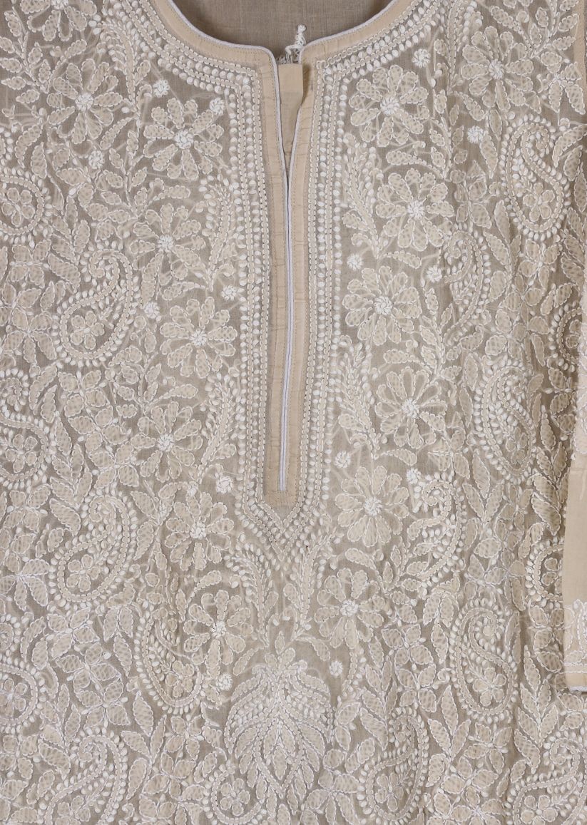 Firgun Beige Lucknowi Chikankari Cotton Kurta with Front Jaal