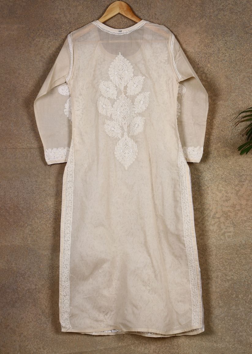 Firgun Beige Lucknowi Chikankari Cotton Kurta with Front Jaal