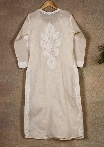 Firgun Beige Lucknowi Chikankari Cotton Kurta with Front Jaal