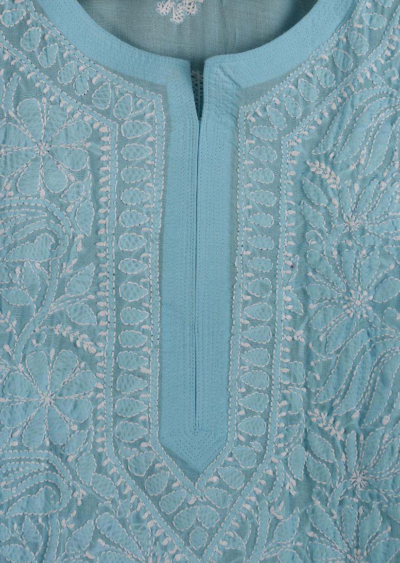 Firgun Blue  Lucknowi Chikankari Cotton Top
