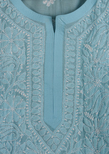Firgun Blue  Lucknowi Chikankari Cotton Top