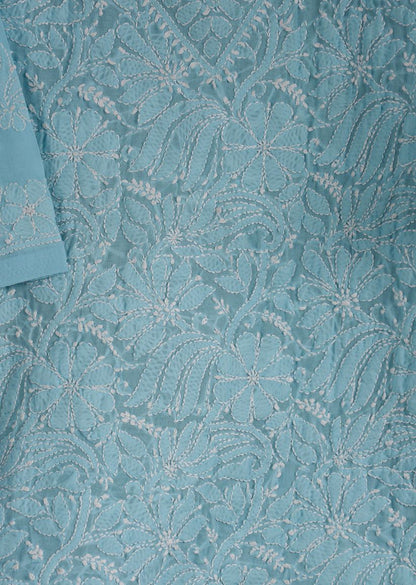 Firgun Blue  Lucknowi Chikankari Cotton Top