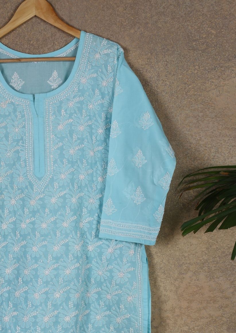 Firgun Beige Lucknowi Chikankari Cotton Kurta with Front Jaal