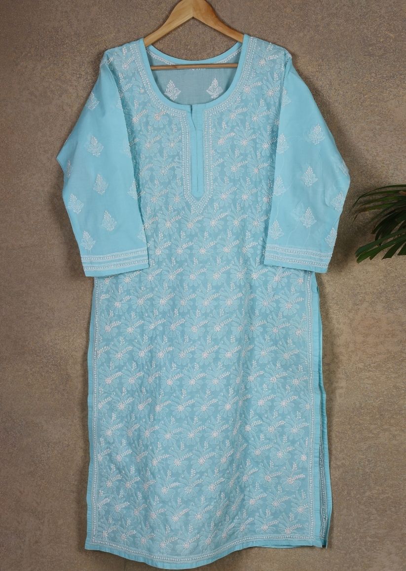 Firgun Beige Lucknowi Chikankari Cotton Kurta with Front Jaal