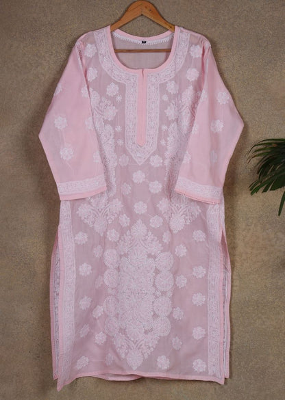 Firgun Blush Pink Lucknowi Chikankari Cotton Kurta with Front Jaal