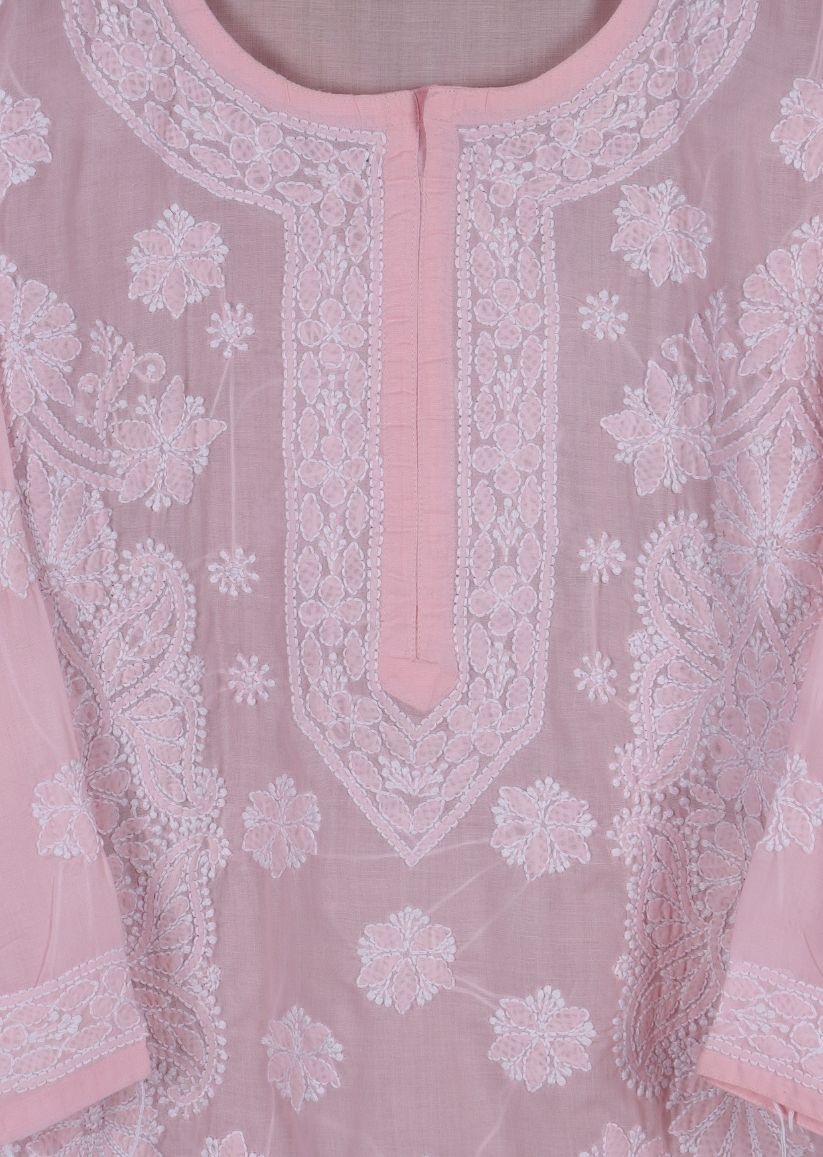 Firgun Blush Pink Lucknowi Chikankari Cotton Kurta with Front Jaal