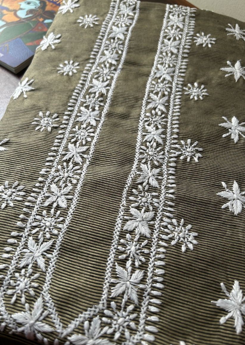 Firgun Hand Embroidered Cotton Lucknowi Chikankari Unstitched Men's Kurta Fabric