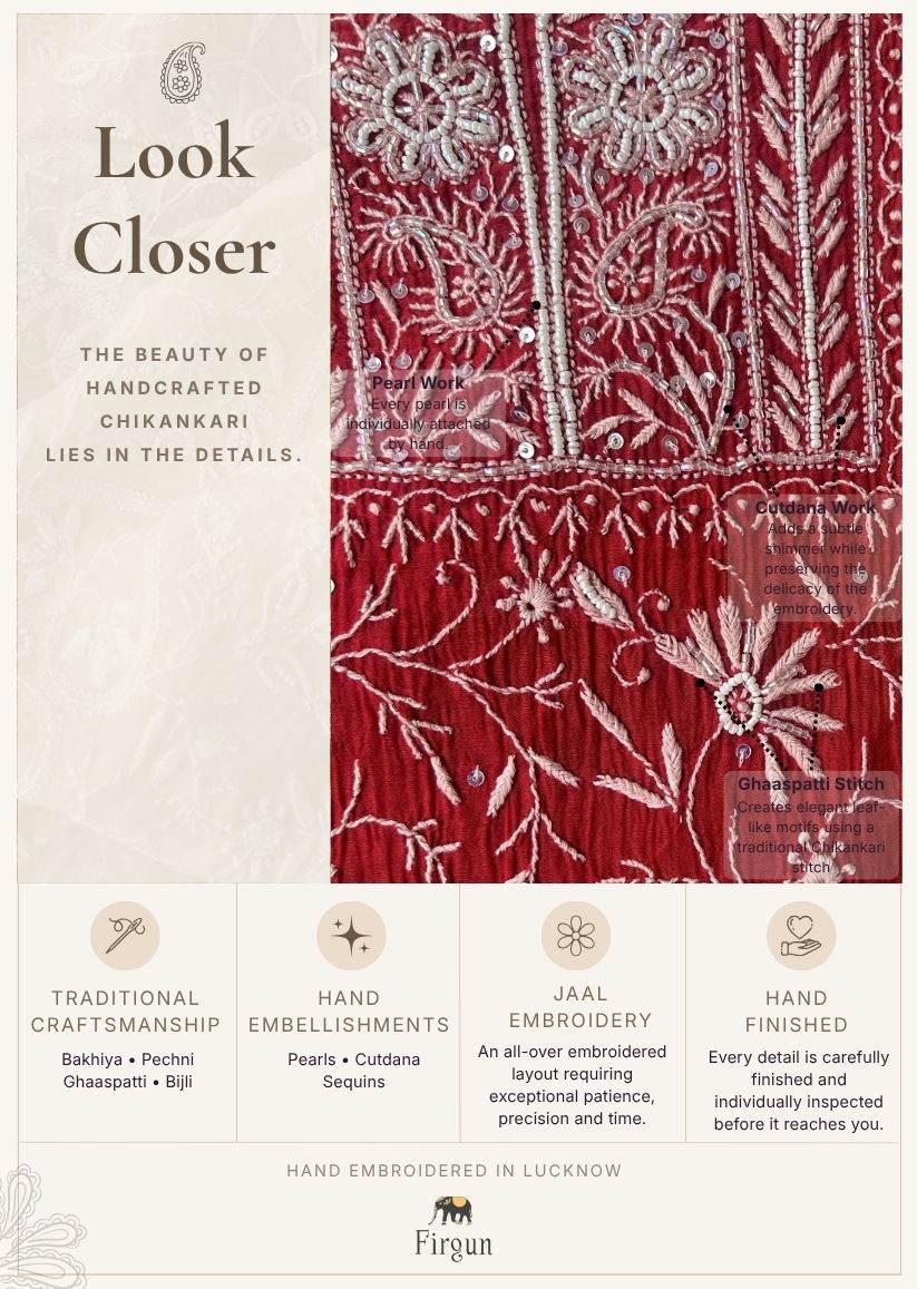 Firgun Red Lucknowi Chikankari Mul Chanderi Unstitched Kurta & Dupatta Set with Pearl & Cutdana Work