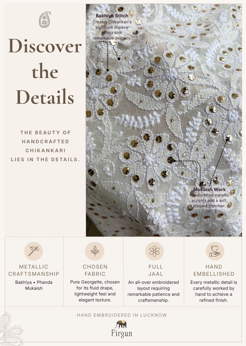 Firgun Cream Lucknowi Chikankari Pure Georgette Mukaish Work Dupatta