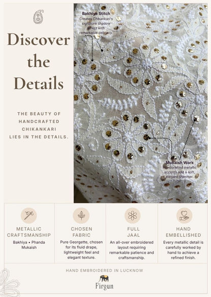 Firgun Cream Lucknowi Chikankari Pure Georgette Mukaish Work Dupatta