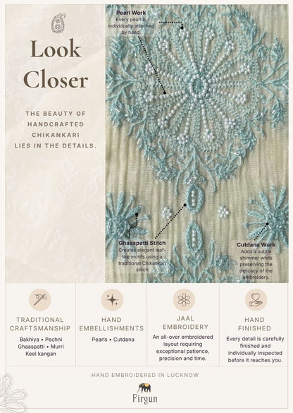 Firgun Ivory & Blue Lucknowi Chikankari Mul Chanderi Unstitched Kurta & Dupatta Set with Pearl & Cutdana Work