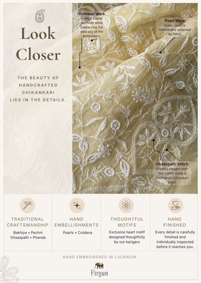 Firgun Butter Yellow Lucknowi Chikankari with Pearl & Cutdana Work Mul Chanderi Unstitched Kurta & Dupatta Set