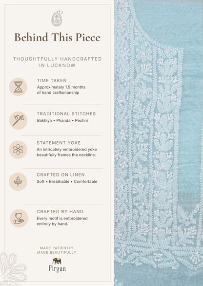 Firgun Blue Lucknowi Chikankari Linen Unstitched Kurta & Dupatta Set