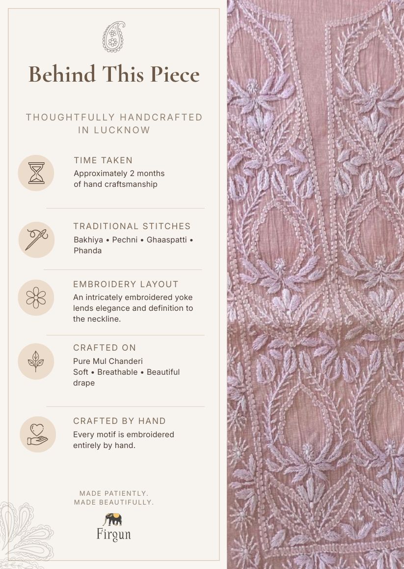 Firgun Blush Pink Lucknowi Chikankari Mul Chanderi Unstitched Kurta & Dupatta Set