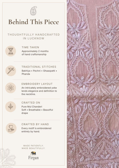 Firgun Blush Pink Lucknowi Chikankari Mul Chanderi Unstitched Kurta & Dupatta Set