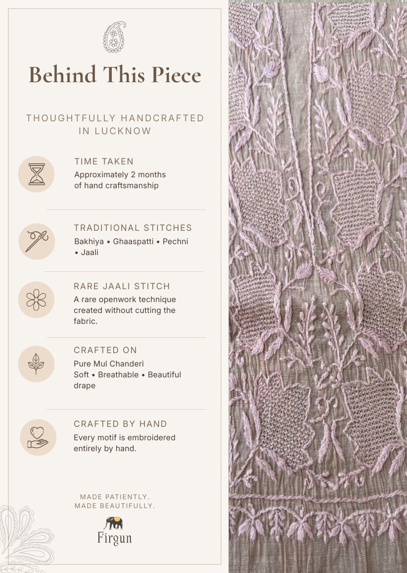 Firgun Dusty Beige Lucknowi Chikankari Mul Chanderi Unstitched Kurta & Dupatta Set