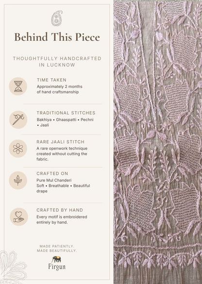 Firgun Dusty Beige Lucknowi Chikankari Mul Chanderi Unstitched Kurta & Dupatta Set