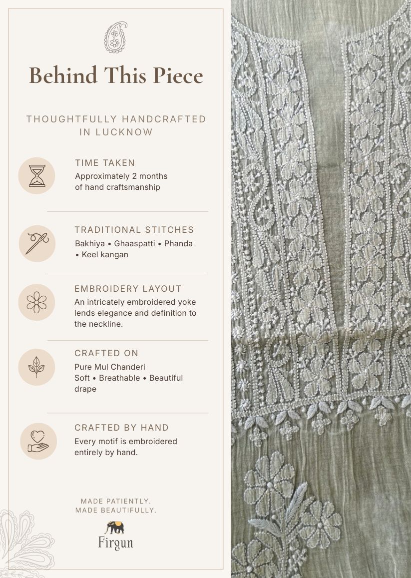 Firgun Grey Lucknowi Chikankari Mul Chanderi Unstitched Kurta & Dupatta Set