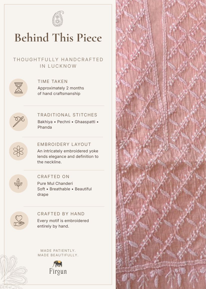 Firgun Peach Lucknowi Chikankari Mul Chanderi Unstitched Kurta & Dupatta Set