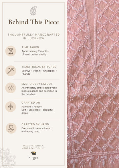 Firgun Peach Lucknowi Chikankari Mul Chanderi Unstitched Kurta & Dupatta Set