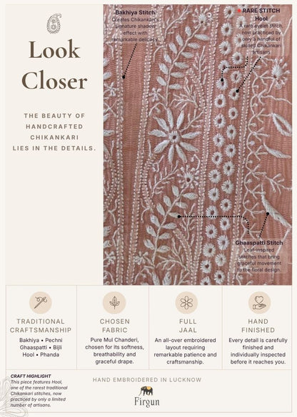 Firgun Peach Lucknowi Chikankari Mul Chanderi Unstitched Kurta & Dupatta Set
