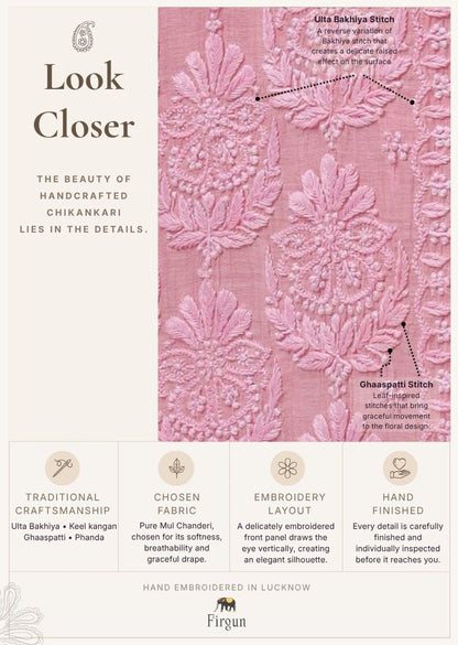 Firgun Rose Pink Lucknowi Chikankari Mul Chanderi Unstitched Kurta & Dupatta Set