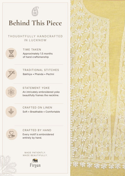 Firgun Yellow Lucknowi Chikankari Linen Unstitched Kurta & Dupatta Set