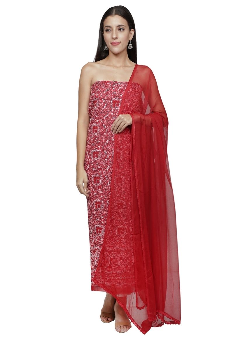 Firgun Maroon Lucknowi Chikankari Cotton Unstitched Suit Set