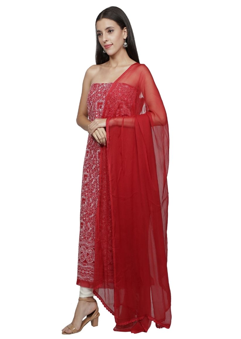 Firgun Maroon Lucknowi Chikankari Cotton Unstitched Suit Set