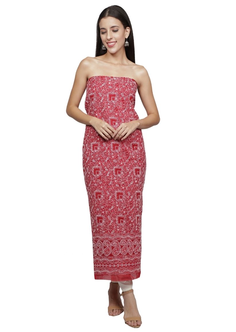 Firgun Maroon Lucknowi Chikankari Cotton Unstitched Suit Set