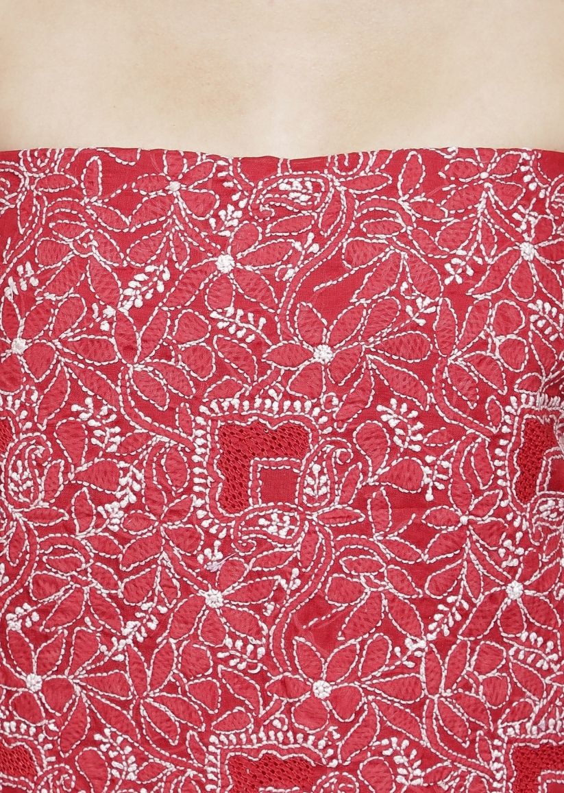 Firgun Maroon Lucknowi Chikankari Cotton Unstitched Suit Set
