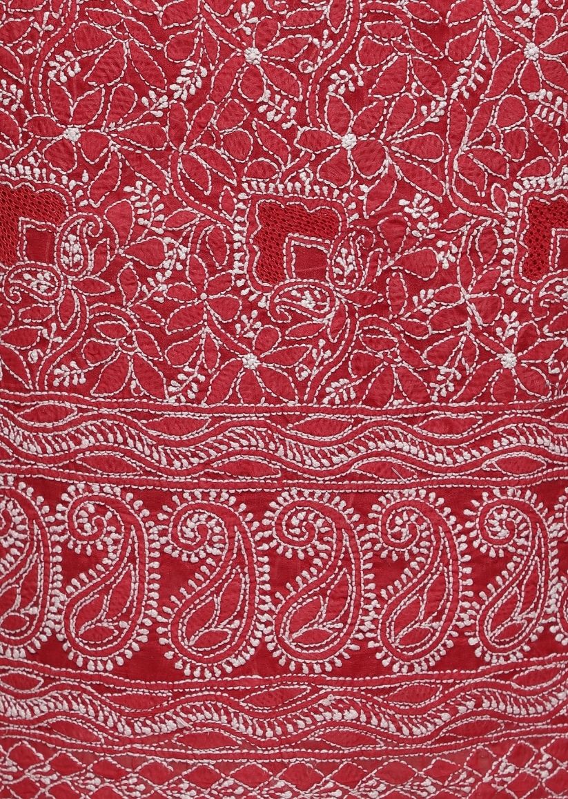 Firgun Maroon Lucknowi Chikankari Cotton Unstitched Suit Set