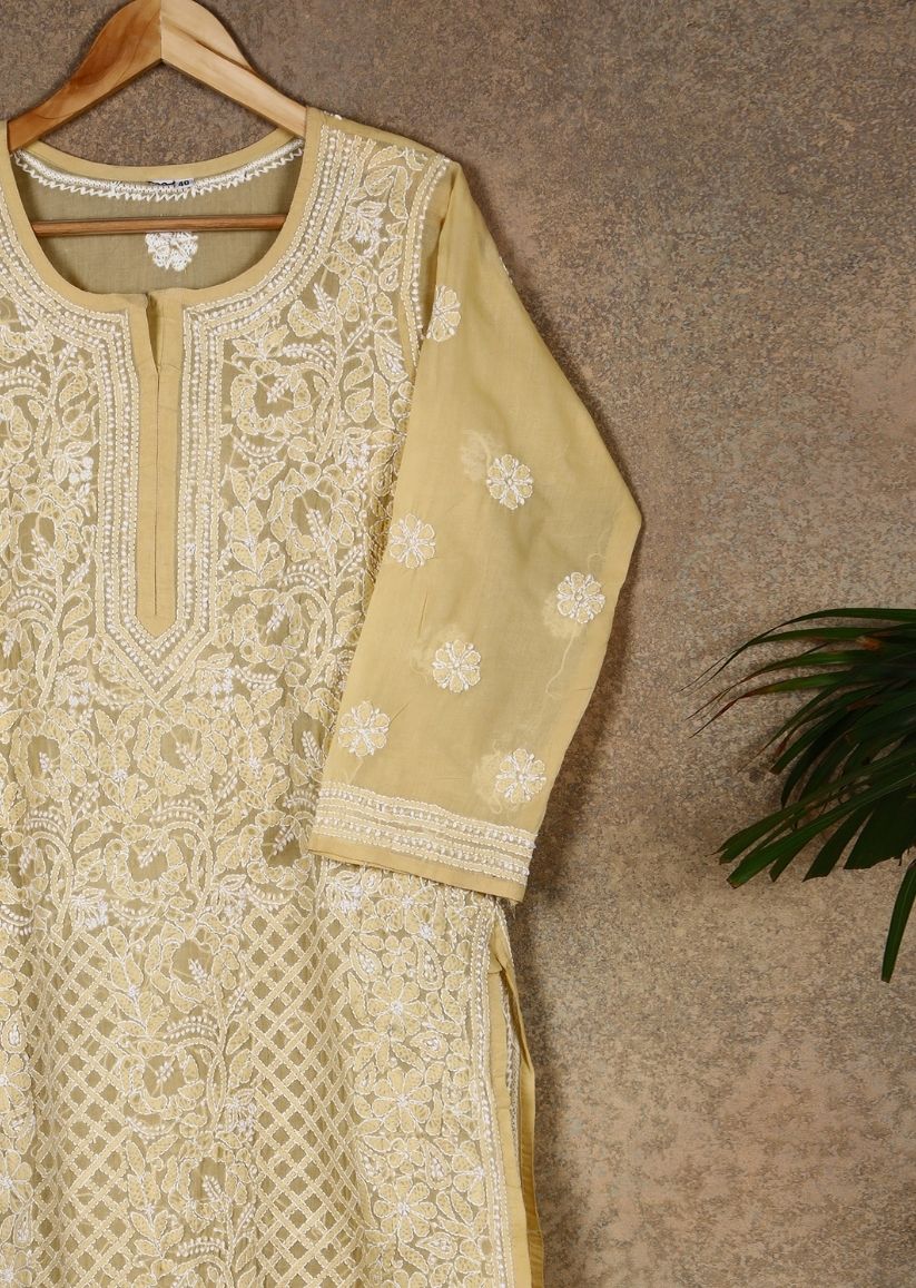 Firgun Beige Lucknowi Chikankari Cotton Kurta with Front Jaal