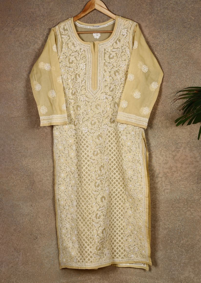 Firgun Beige Lucknowi Chikankari Cotton Kurta with Front Jaal
