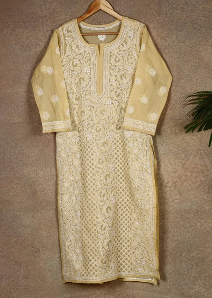 Firgun Beige Lucknowi Chikankari Cotton Kurta with Front Jaal
