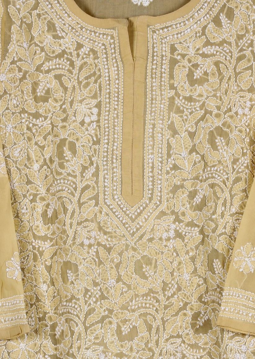 Firgun Beige Lucknowi Chikankari Cotton Kurta with Front Jaal