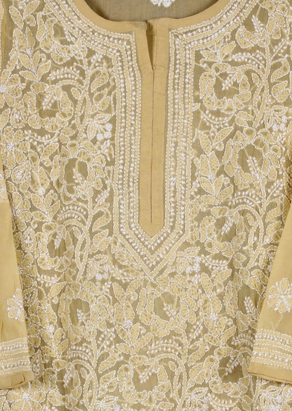 Firgun Beige Lucknowi Chikankari Cotton Kurta with Front Jaal