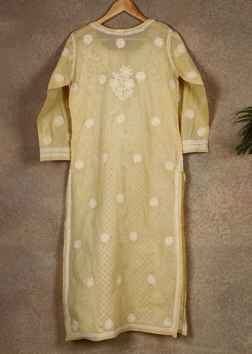 Firgun Beige Lucknowi Chikankari Cotton Kurta with Front Jaal