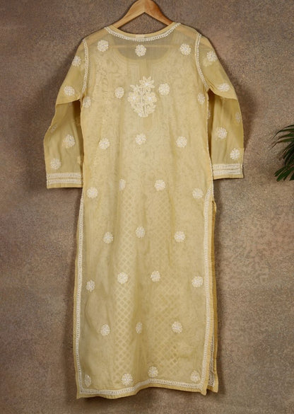 Firgun Beige Lucknowi Chikankari Cotton Kurta with Front Jaal