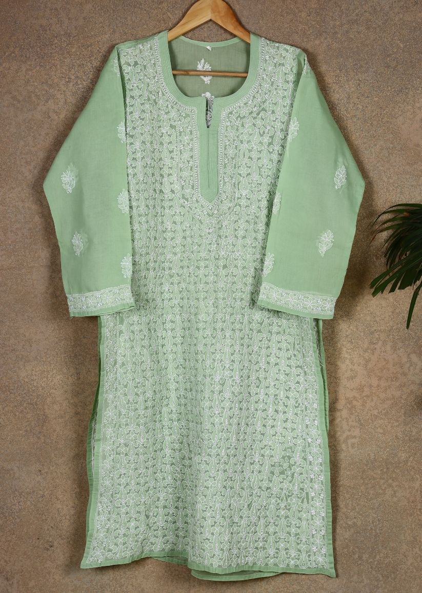 Firgun Peach Lucknowi Chikankari Cotton Kurta with Front Jaal
