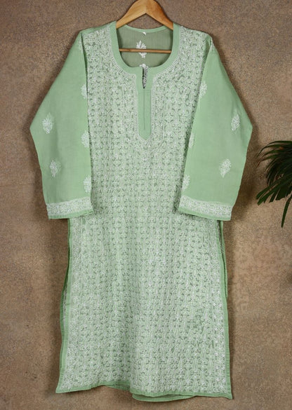 Firgun Peach Lucknowi Chikankari Cotton Kurta with Front Jaal