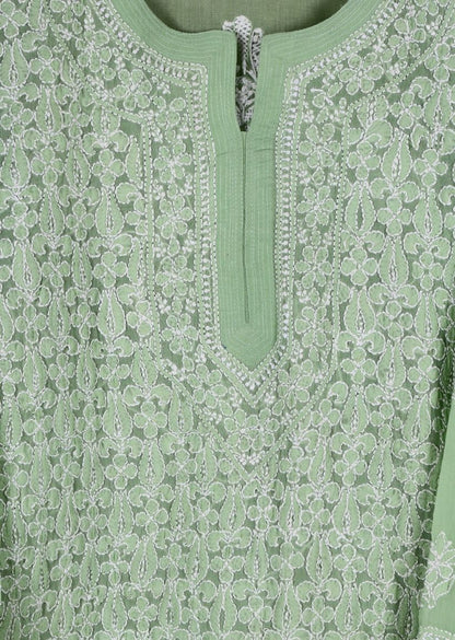 Firgun Peach Lucknowi Chikankari Cotton Kurta with Front Jaal
