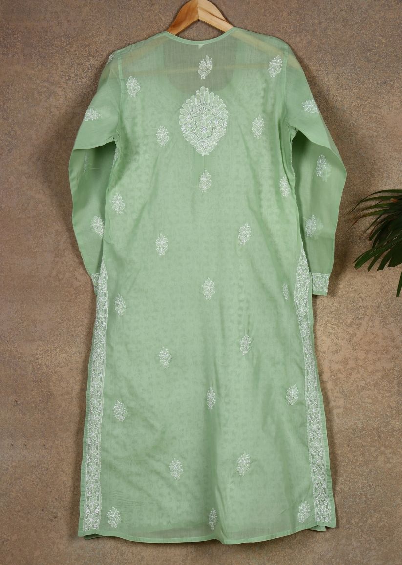 Firgun Peach Lucknowi Chikankari Cotton Kurta with Front Jaal