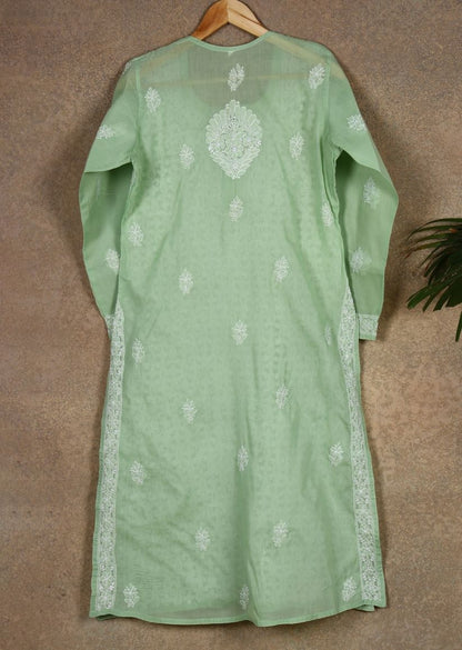 Firgun Peach Lucknowi Chikankari Cotton Kurta with Front Jaal