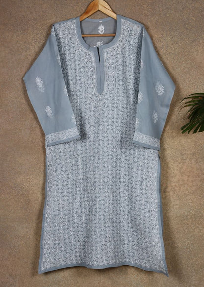 Firgun Peach Lucknowi Chikankari Cotton Kurta with Front Jaal
