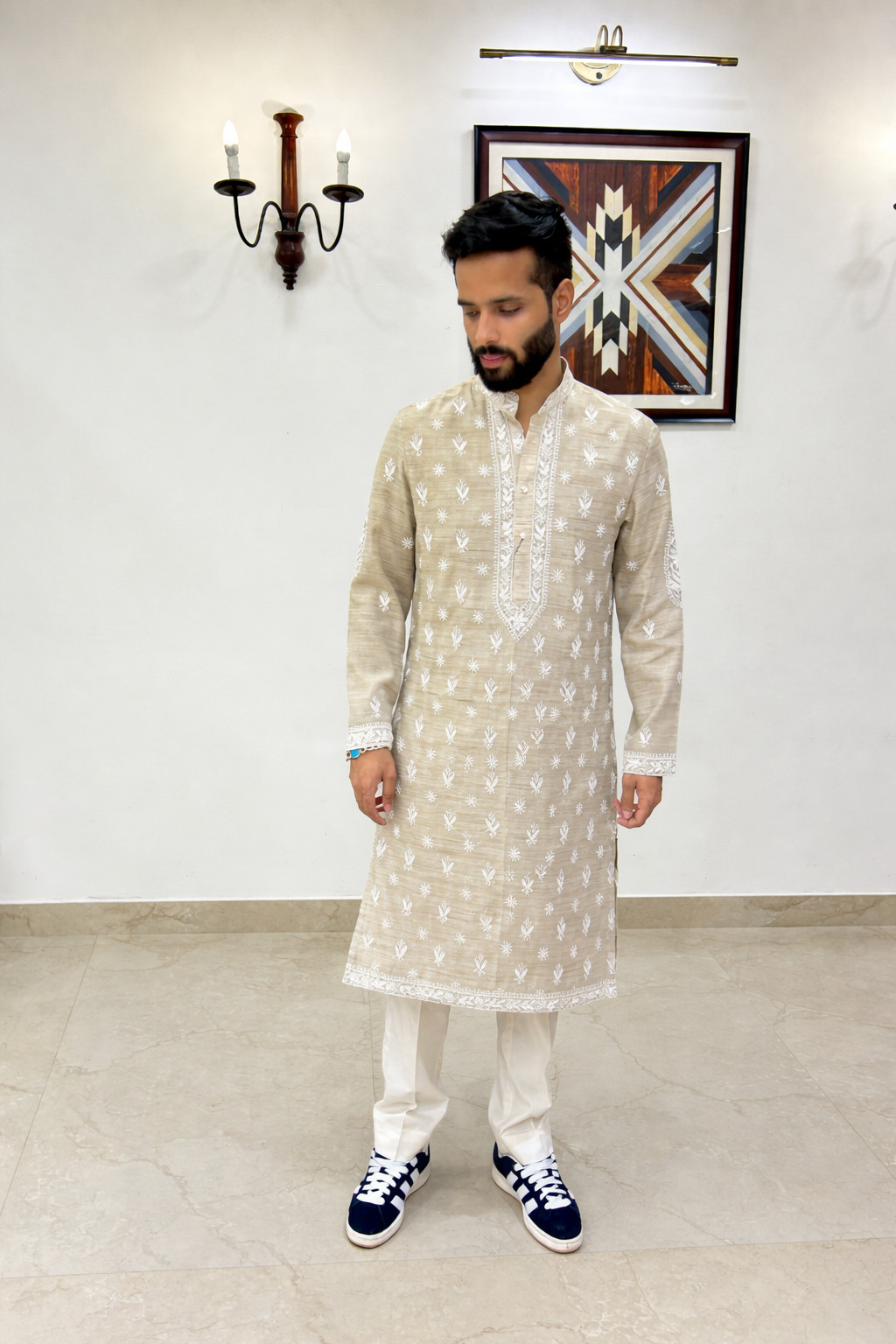 Firgun Hand Embroidered Cotton Lucknowi Chikankari Unstitched Men's Kurta Fabric